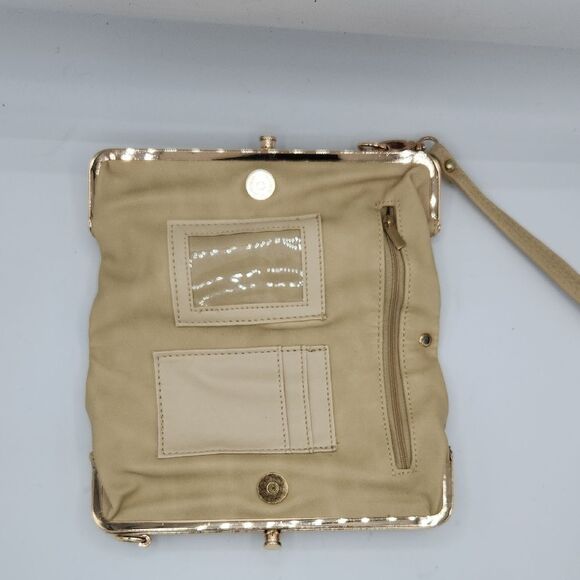 Elegant Beige And Gold Perforated Clutch, Wristlet, and Crossbody Bag - Picture 2 of 9
